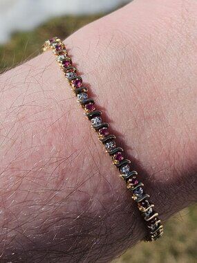 10K Yellow Gold Ruby & Diamond Tennis S Link Bracelet 7.5 Inches 3mm Wide